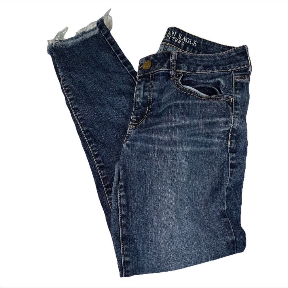 Y2K American Eagle Women’s Size 8 Jegging Jeans Dark Wash Raw Hem Stretch #0537 - Picture 1 of 11